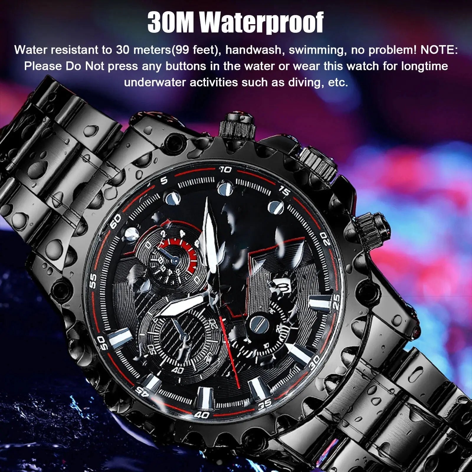 Men’s Black Stainless Steel Chronograph Watch – Waterproof Sport Watch - TARHUS