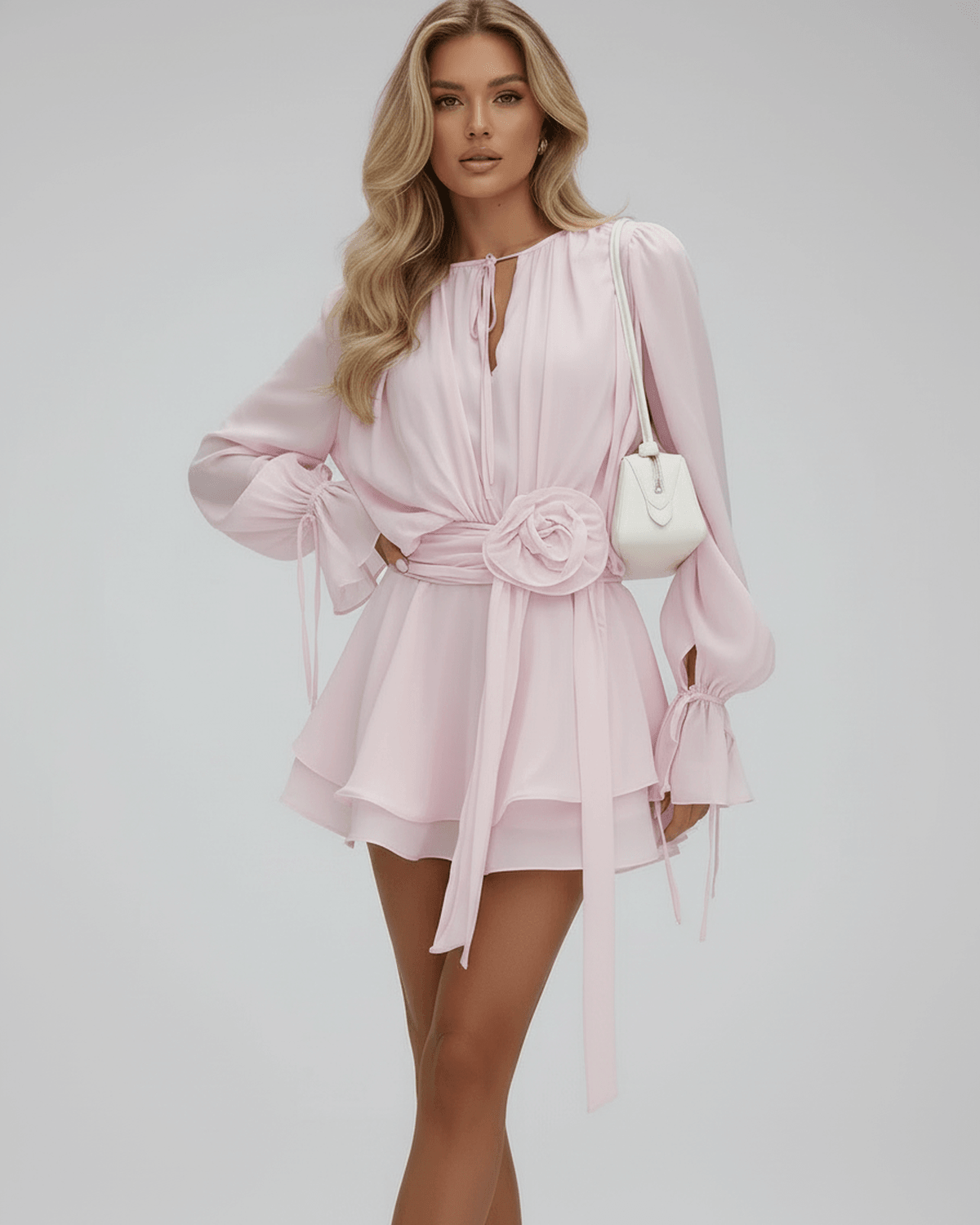 Women's Keyhole Neck Long Sleeve Tiered Ruffle Mini Dress TARHUS Mini Dress