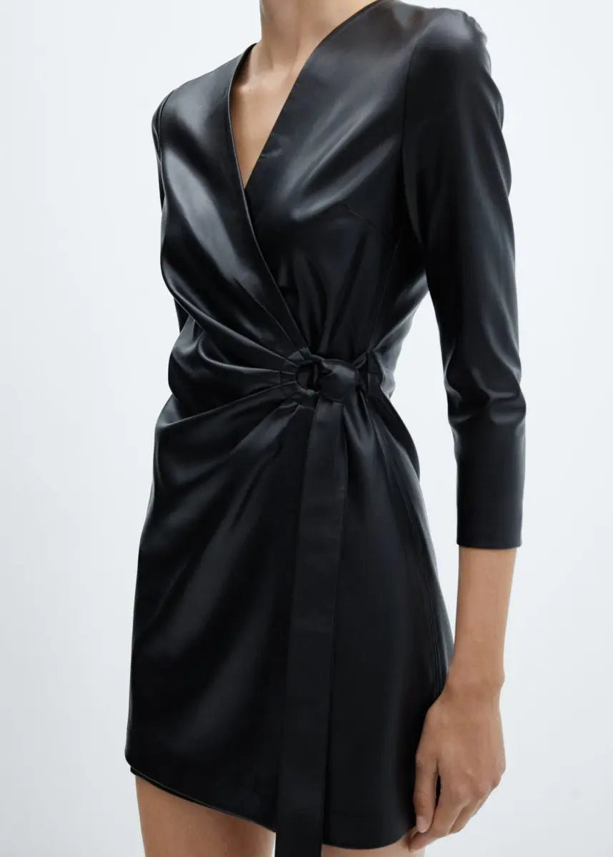 Sophia - V-Neck Waisted Wrap Faux Leather Mini Dress - nubuso
