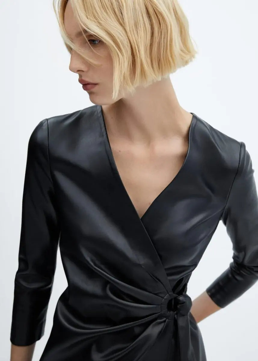 Sophia - V-Neck Waisted Wrap Faux Leather Mini Dress - nubuso