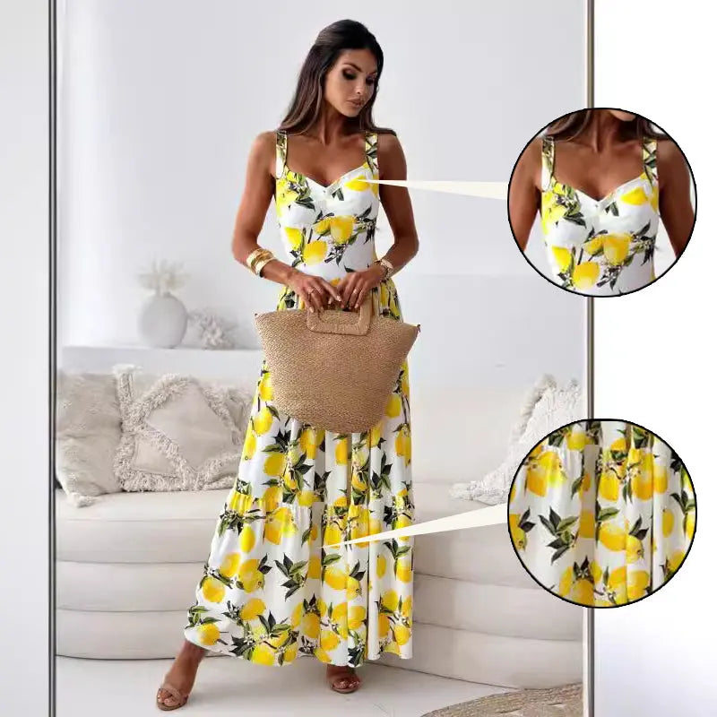 Women’s Elegant Lemon Print Spaghetti Strap Flowy Long Dress - TARHUS