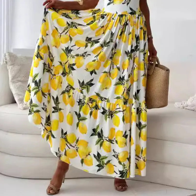 Women’s Elegant Lemon Print Spaghetti Strap Flowy Long Dress - TARHUS