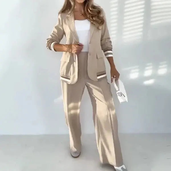 Chic Beige Blazer and Wide-Leg Pants Set – Stylish Two-Piece Outfit - TARHUS