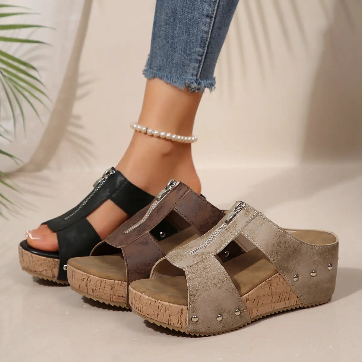 Women's Fashion Rivet Wedge Fish Mouth Thick Bottom Sandals - TARHUS
