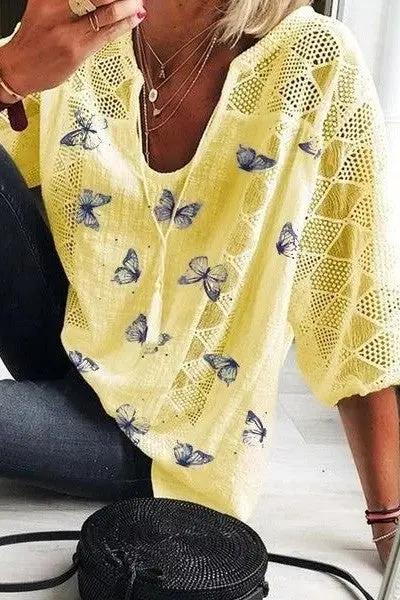Women's Butterfly Print V-Neck Blouse - TARHUS