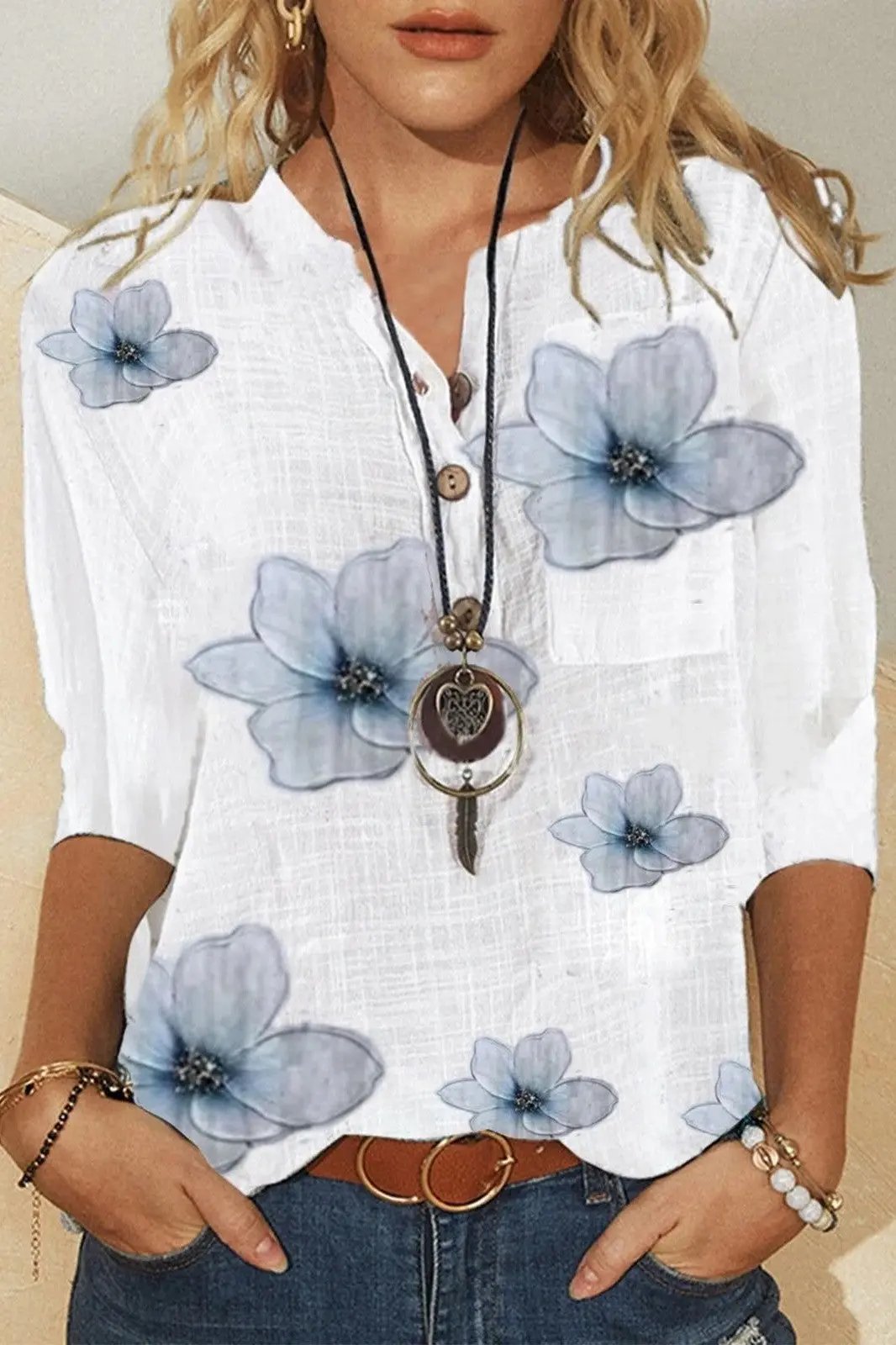 Floral Print V-Neck Button Blouse – Casual Half Sleeve Top for Women - TARHUS