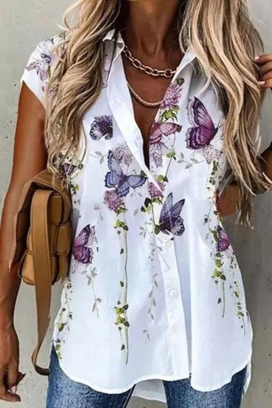 Butterfly Print Blouse for Women – Floral & Leaf Print Lightweight Summer Shirt - TARHUS