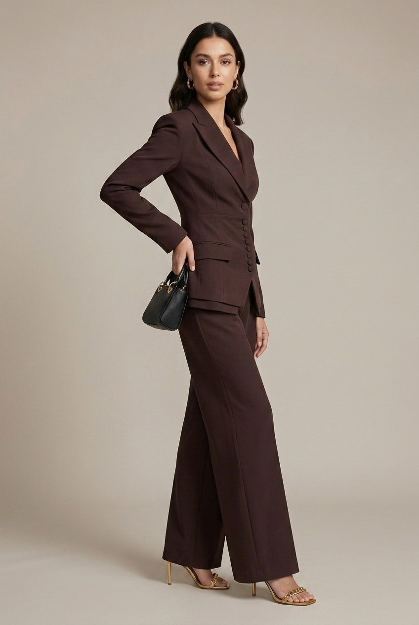 Women's Notched Lapel Blazer Wide Leg Pant Suits Set - Side Button TARHUS Suits