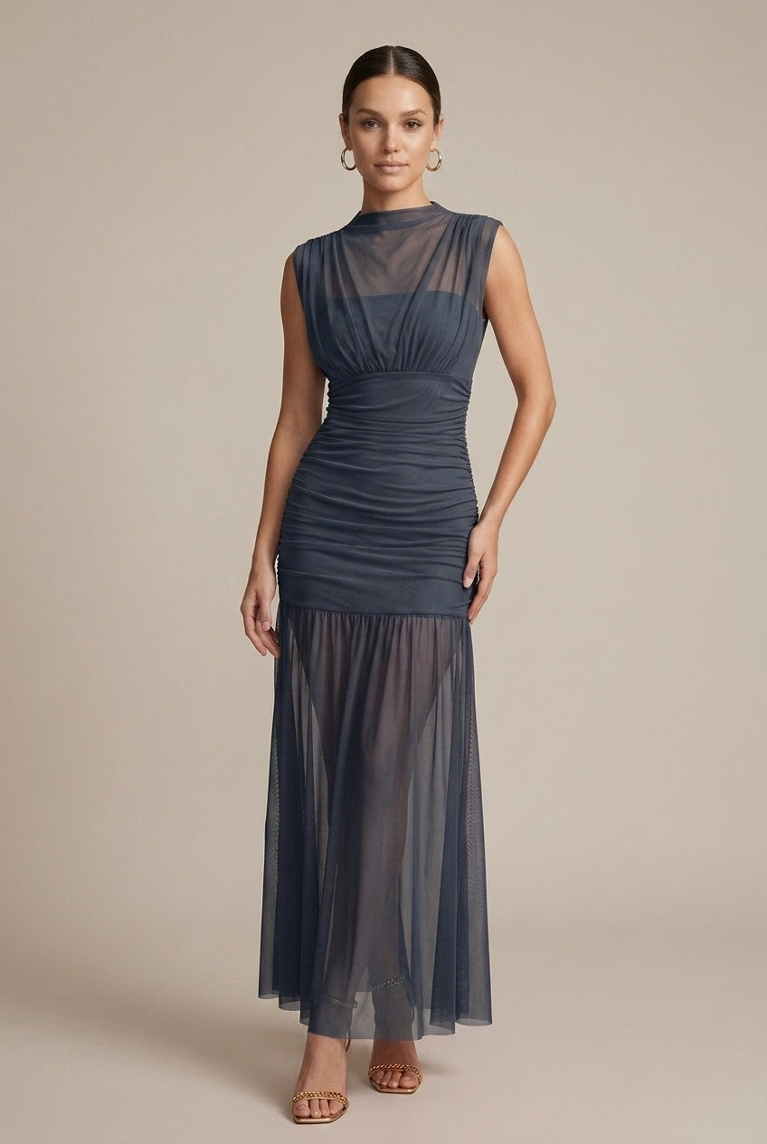 Women's Sleeveless Ruched Drop Waist Maxi Dress - Crew Neck TARHUS Maxi Dresses