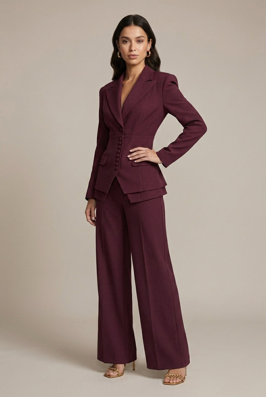Women's Notched Lapel Blazer Wide Leg Pant Suits Set - Side Button TARHUS Suits