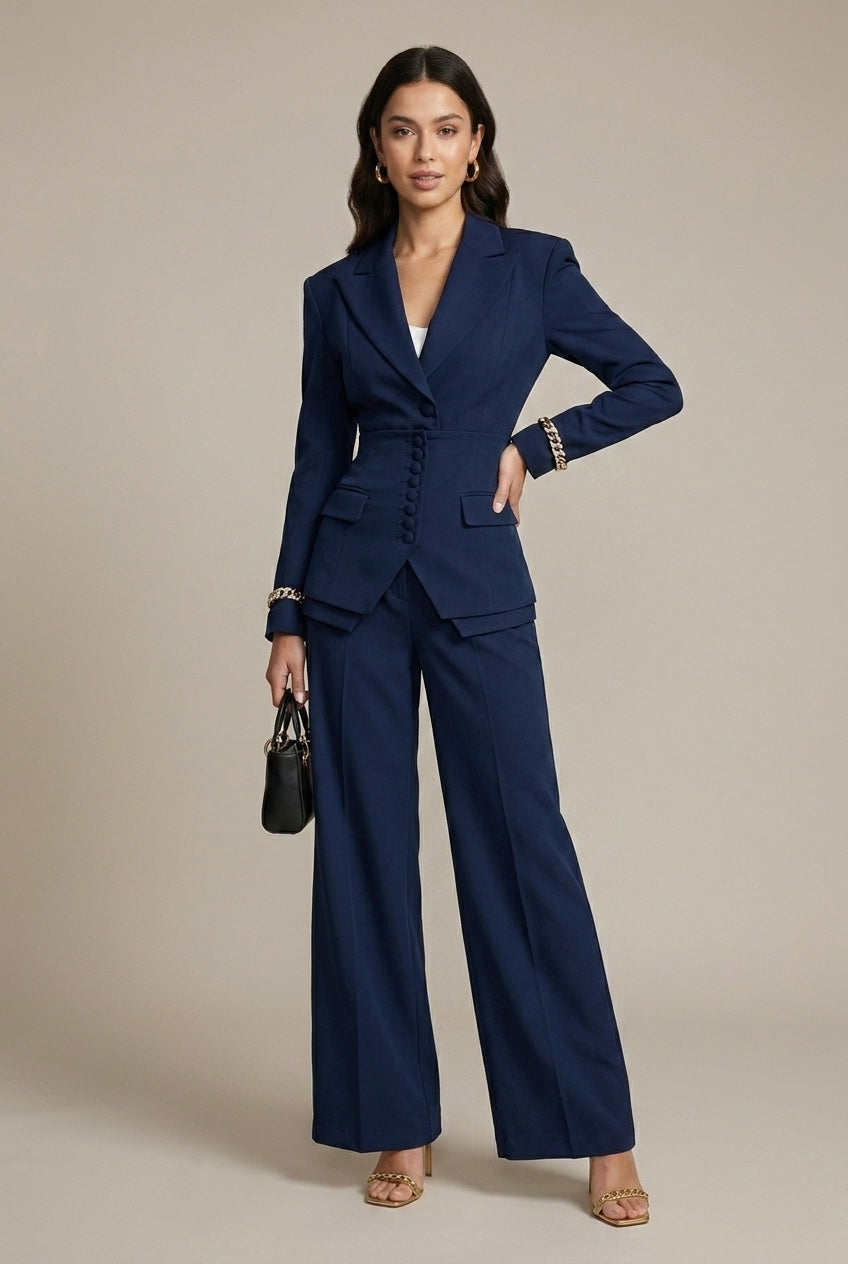 Women's Notched Lapel Blazer Wide Leg Pant Suits Set - Side Button TARHUS Suits