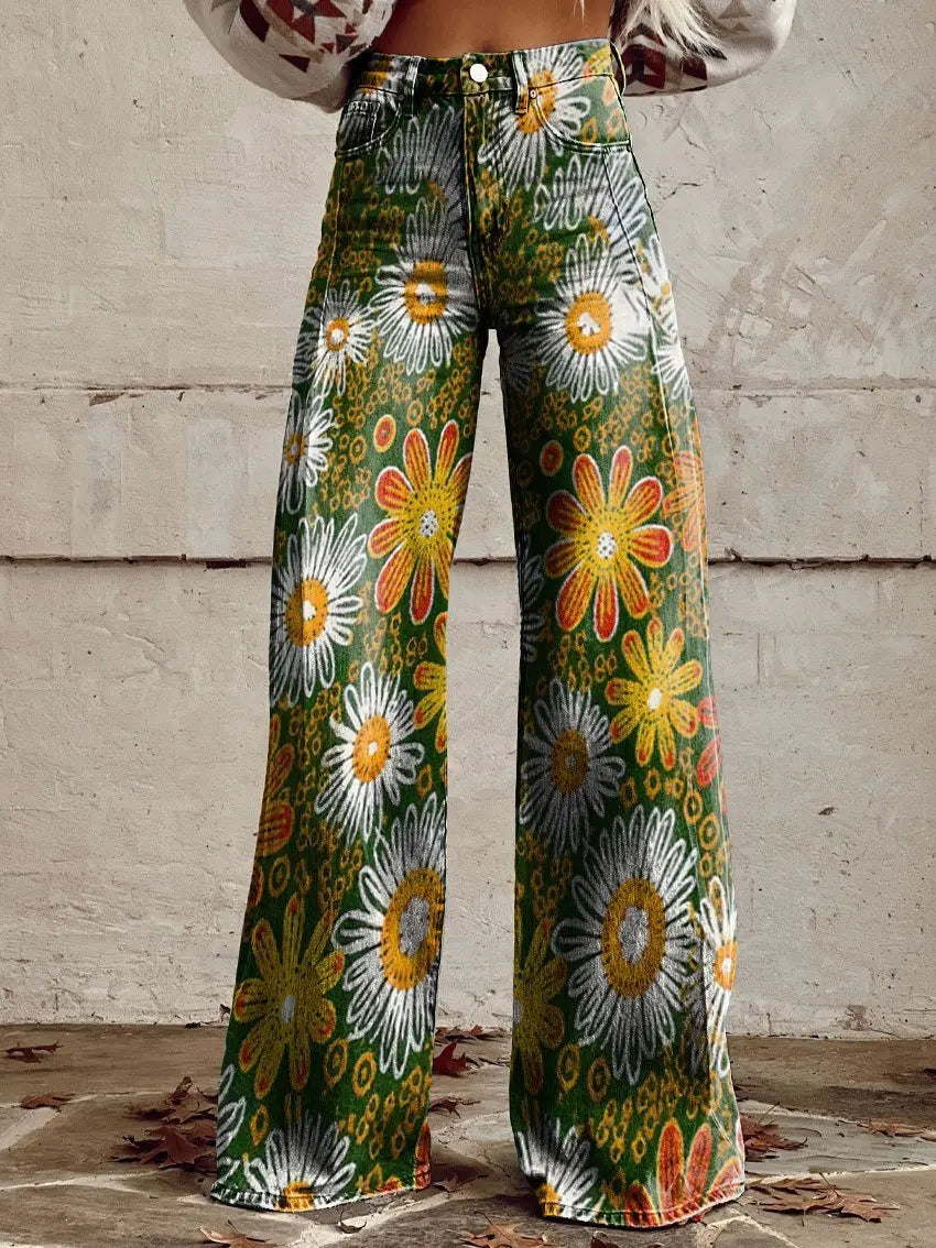 Vivian - Classic Daisy Flower Casual Wide Leg Pants - nubuso