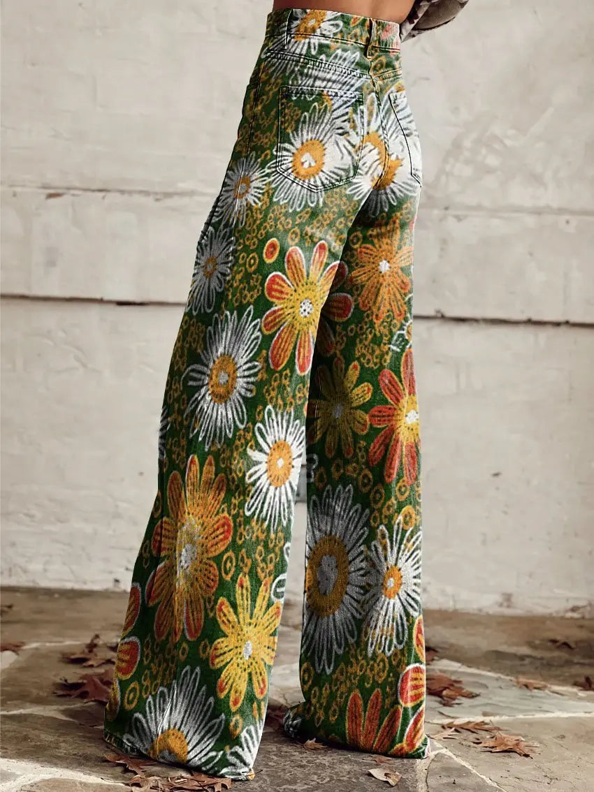 Vivian - Classic Daisy Flower Casual Wide Leg Pants - nubuso