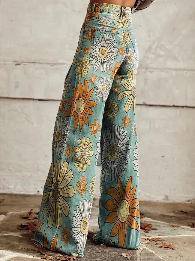 Vivian - Daisy Flower Casual Wide Leg Pants - nubuso