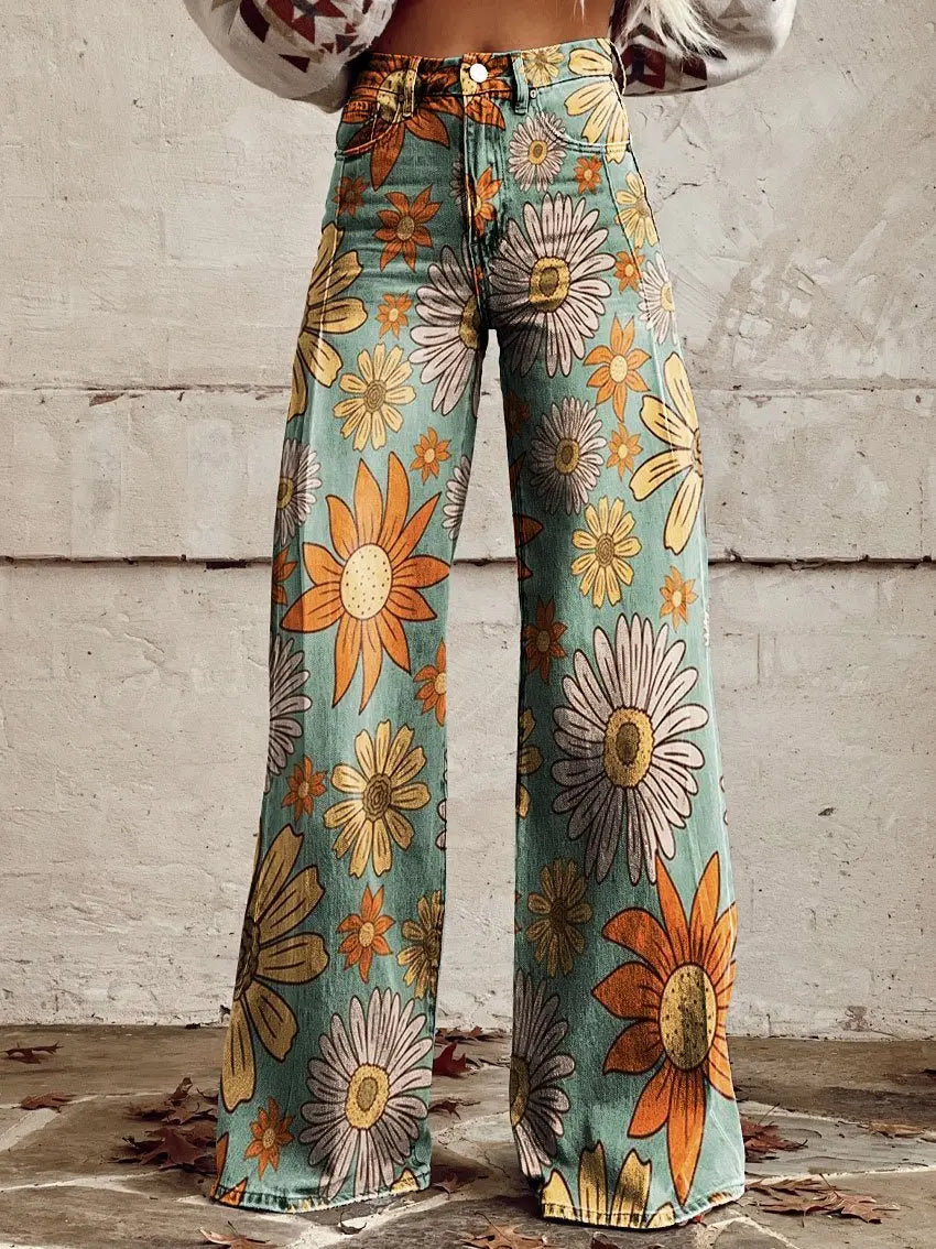 Vivian - Daisy Flower Casual Wide Leg Pants - nubuso