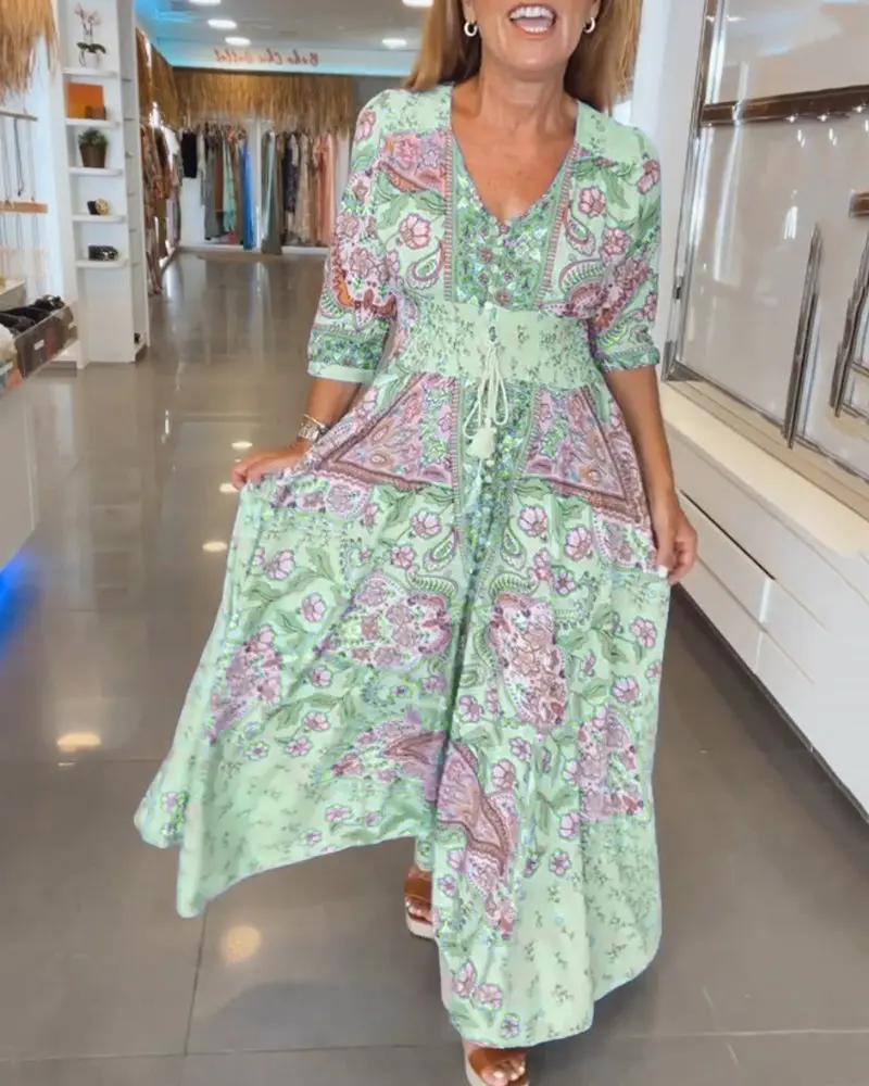Boho V-Neck Maxi Dress for Women – Floral Holiday Dress with 3/4 Sleeves - TARHUS