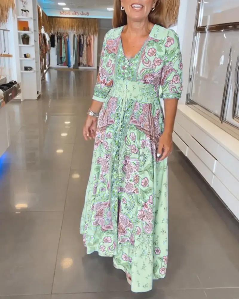Boho V-Neck Maxi Dress for Women – Floral Holiday Dress with 3/4 Sleeves - TARHUS