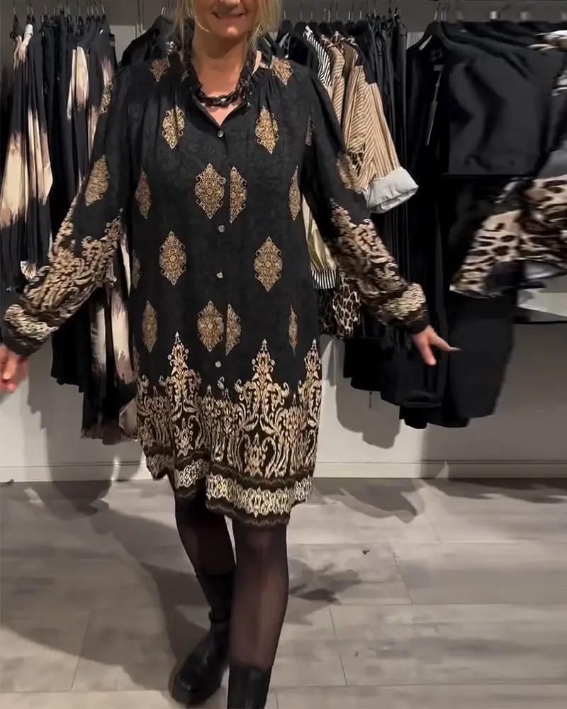 Vintage Print Shirt Dress – Long Lantern Sleeves, Lapel Collar & Button Front TARHUS  Dresses