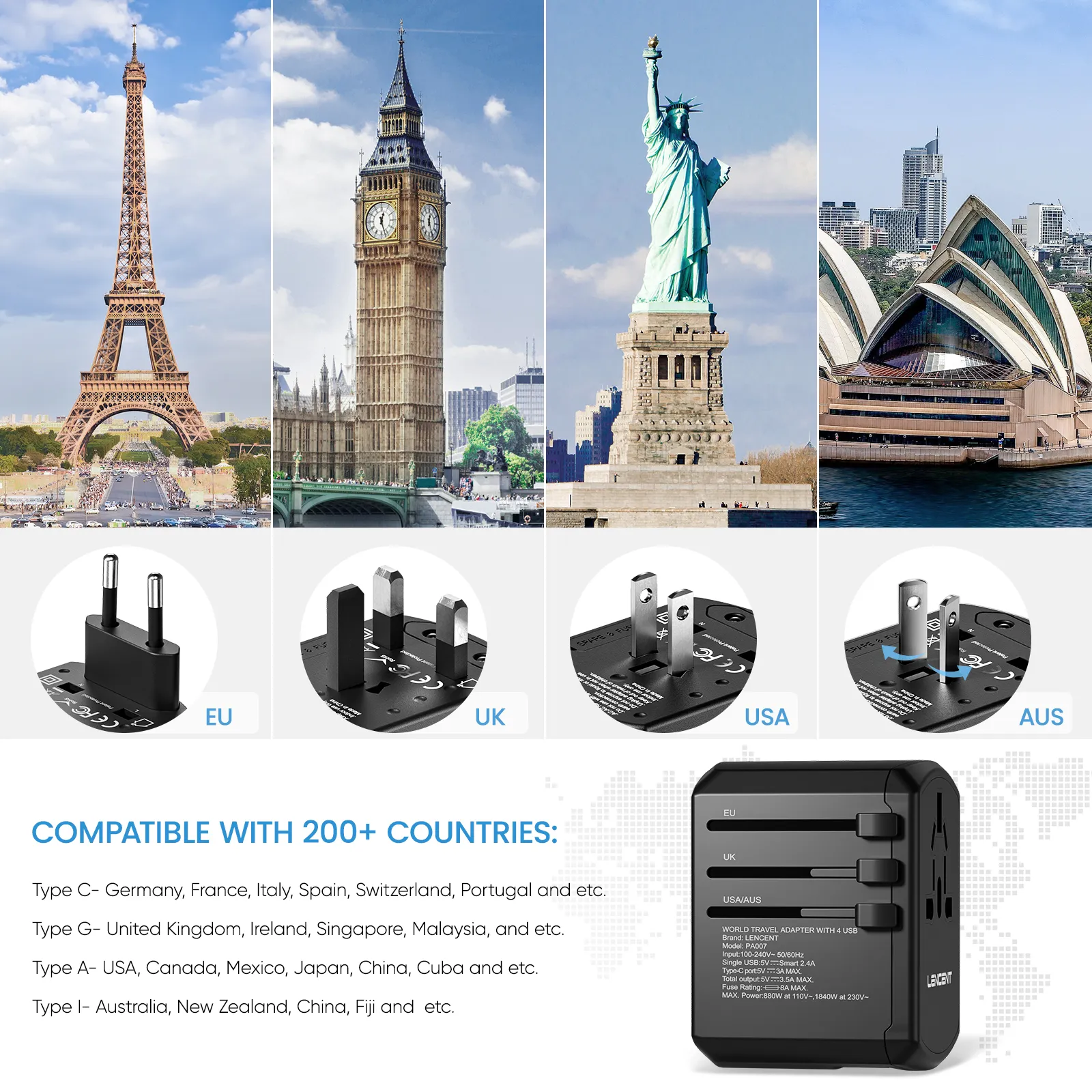 All-in-One Universal Travel Adapter – Worldwide Power Plug Converter with USB Ports for UK, EU, US, AU Outlets - TARHUS