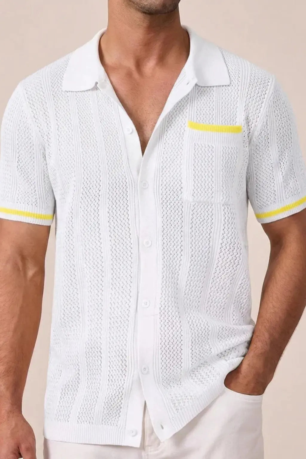 Finlay | Men Short Sleeve Camp Collar Button Front Openwork Knit Shirt with Contrast Trim TARHUS  Shirts