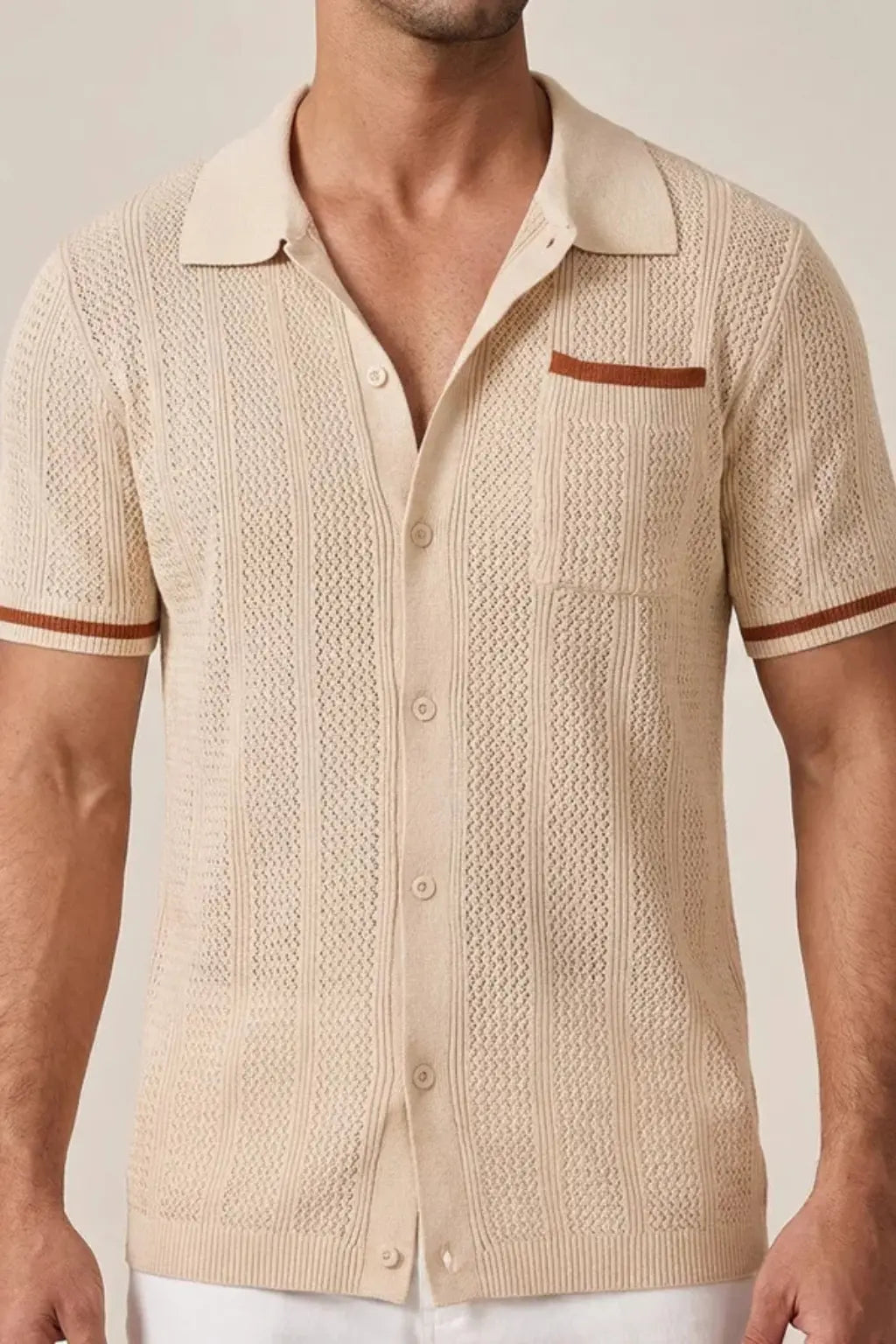 Finlay | Men Short Sleeve Camp Collar Button Front Openwork Knit Shirt with Contrast Trim TARHUS  Shirts