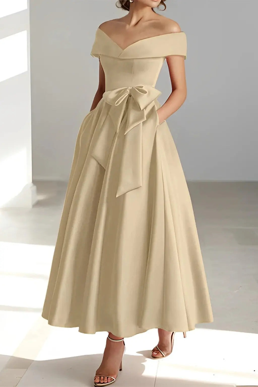 Arabella | Women Off Shoulder Bow Waist A Line Midi Wedding Guest Dress TARHUS  Mother of the Bride Dresses