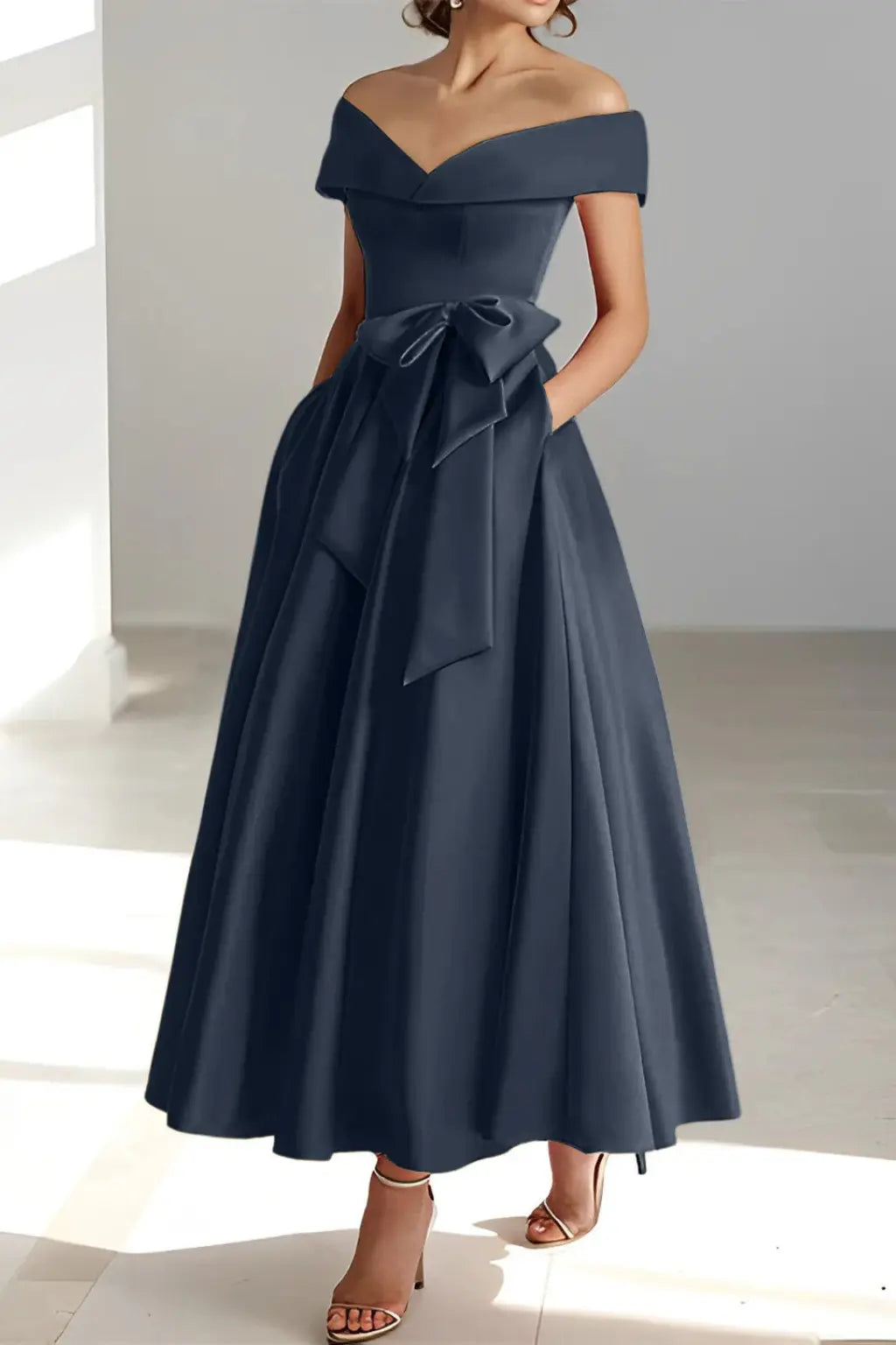 Arabella | Women Off Shoulder Bow Waist A Line Midi Wedding Guest Dress TARHUS  Mother of the Bride Dresses