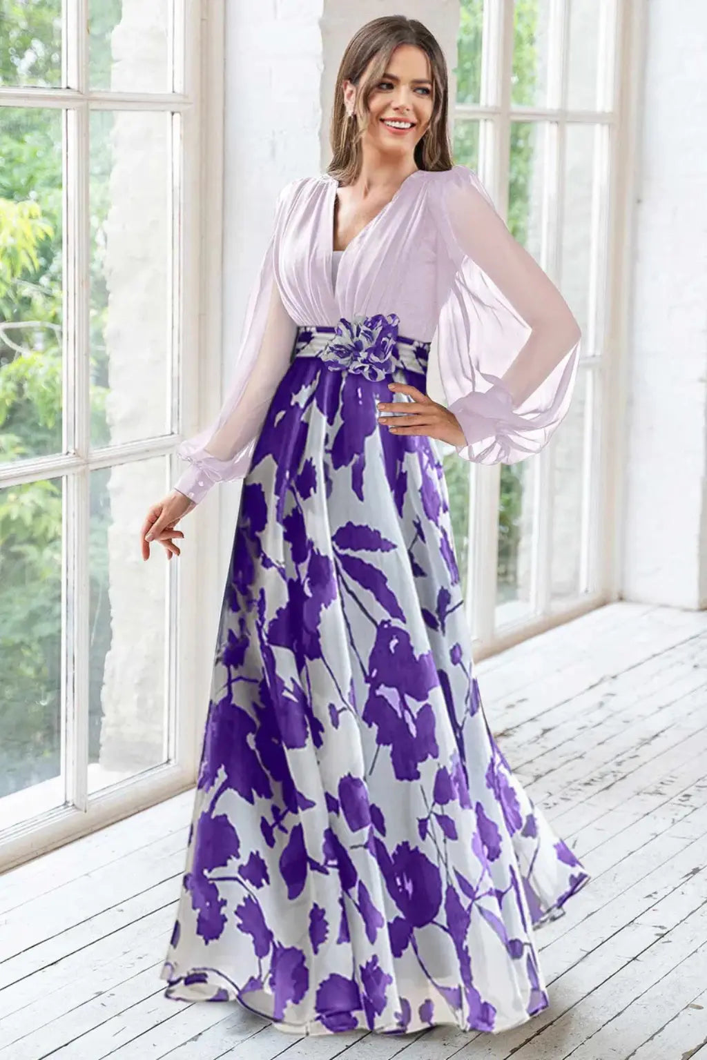 Valentina | Women V Neck Balloon Sleeve Floral Print Maxi Wedding Guest Dress TARHUS  Mother of the Bride Dresses