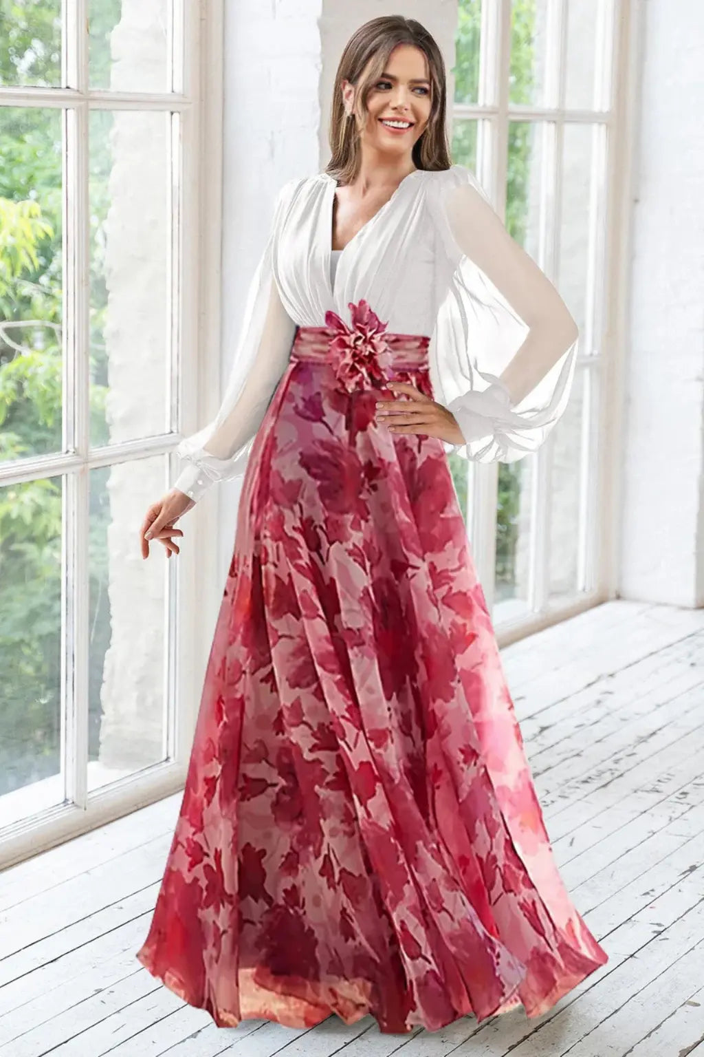 Valentina | Women V Neck Balloon Sleeve Floral Print Maxi Wedding Guest Dress TARHUS  Mother of the Bride Dresses