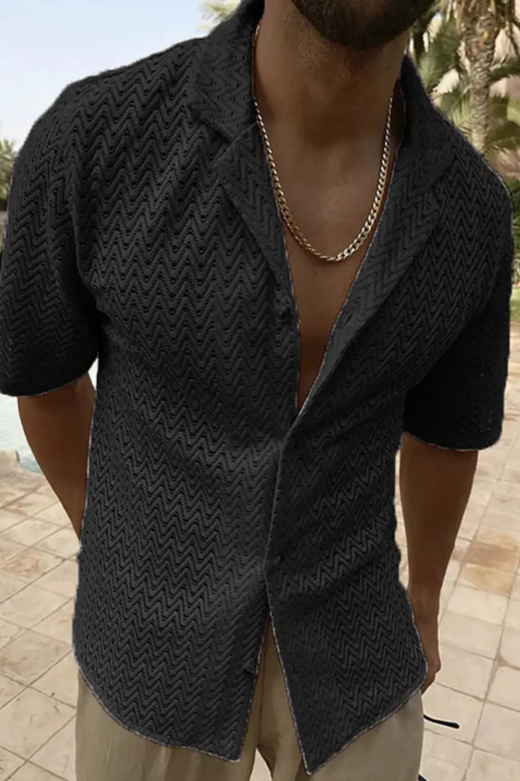 Solano | Men Short Sleeve Open Collar Chevron Textured Summer Shirt TARHUS  Men > Tops