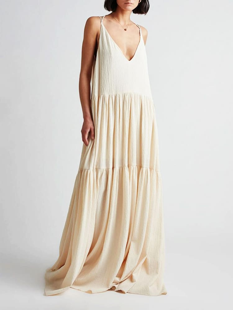 Women's Sleeveless V-Neck Tiered Maxi Dress - Adjustable Straps TARHUS  Dresses