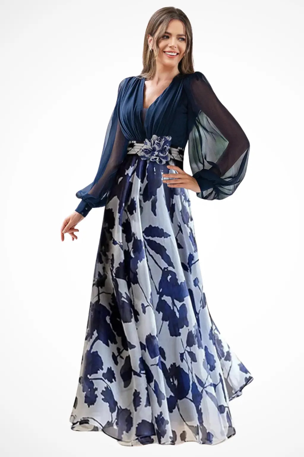 Valentina | Women V Neck Balloon Sleeve Floral Print Maxi Wedding Guest Dress TARHUS  Mother of the Bride Dresses