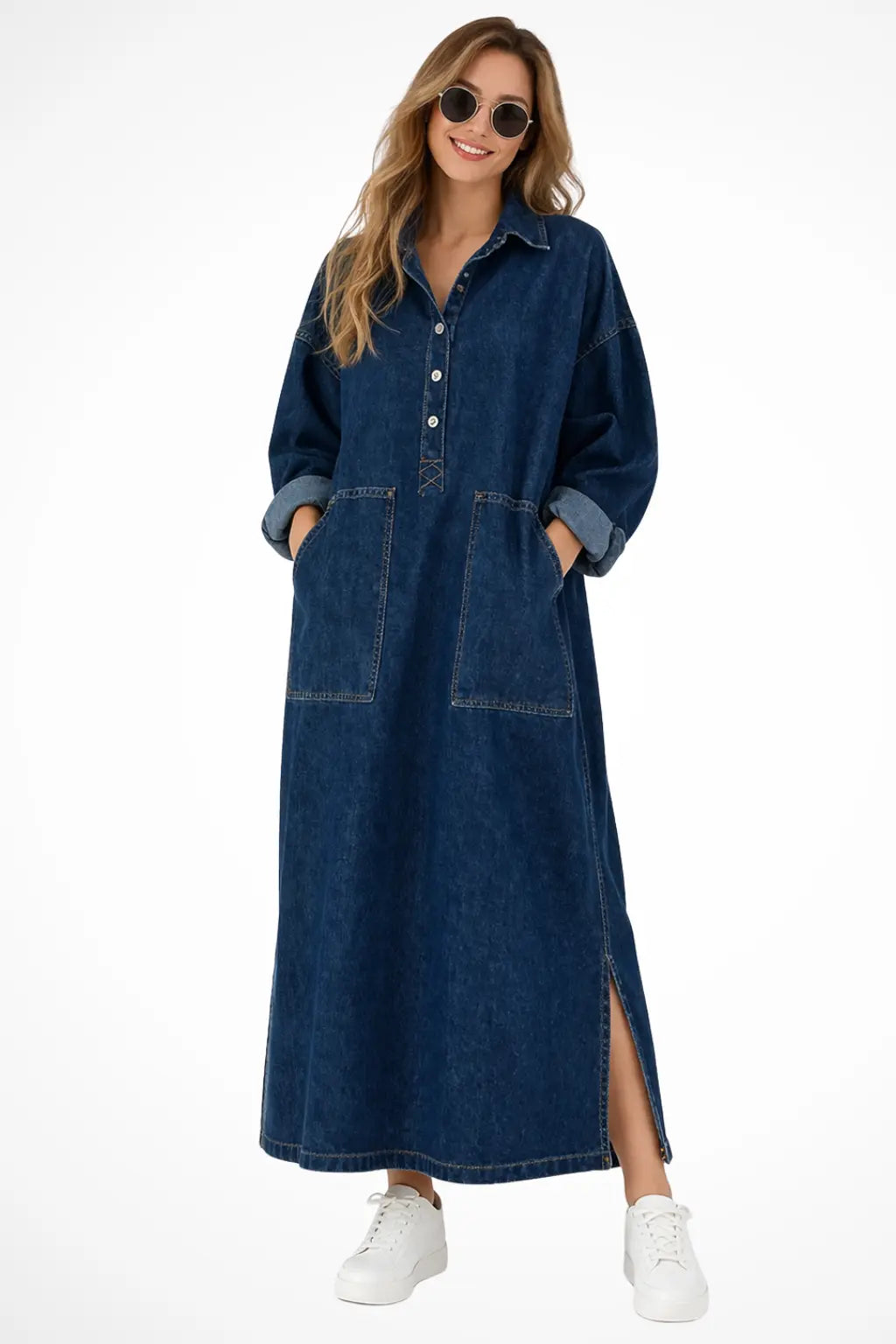 Margot | Women Oversized Long Sleeve Collared Denim Maxi Dress with Pockets TARHUS