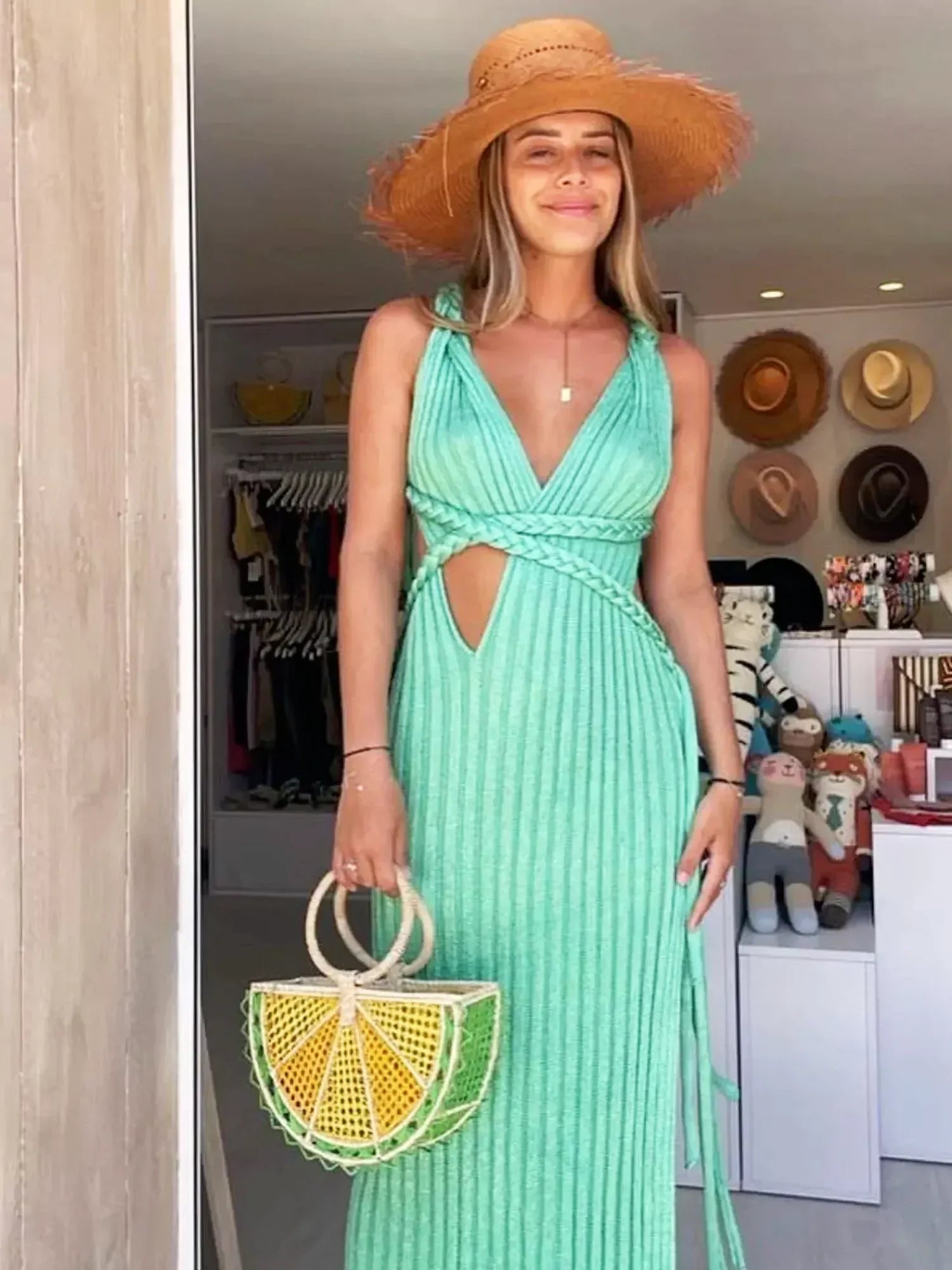 Women's Knit Cutout Waist Maxi Dress - Deep V-Neck Halter TARHUS  Dresses