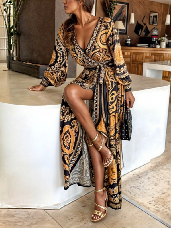 Elegant Bohemian Maxi Dress with Golden Print and High Slit TARHUS  Maxi Dresses (Women)