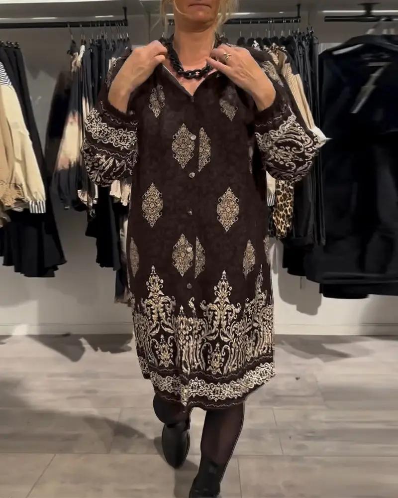 Vintage Print Shirt Dress – Long Lantern Sleeves, Lapel Collar & Button Front TARHUS  Dresses