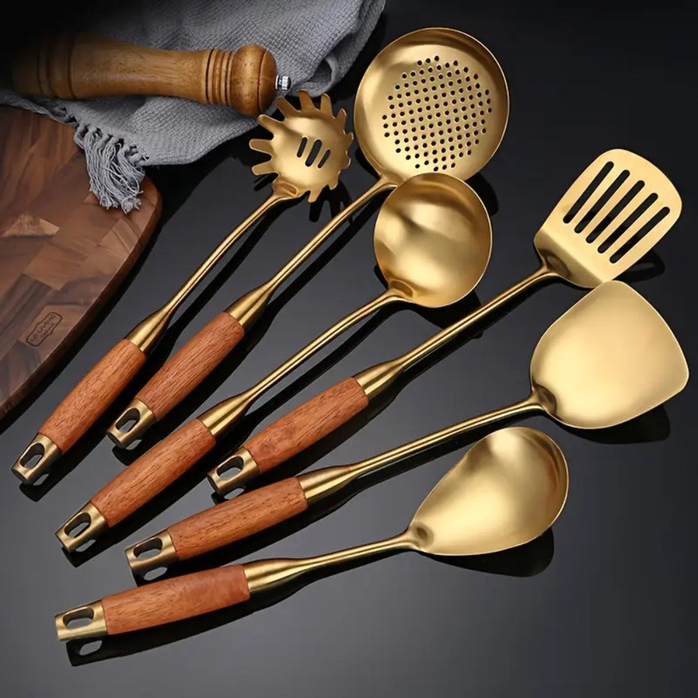 Golden Stainless Steel Kitchen Utensils Set 6-Piece for Cooking & Serving