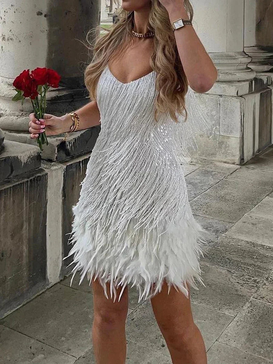 Feather Trim Mini Party Dress for Women