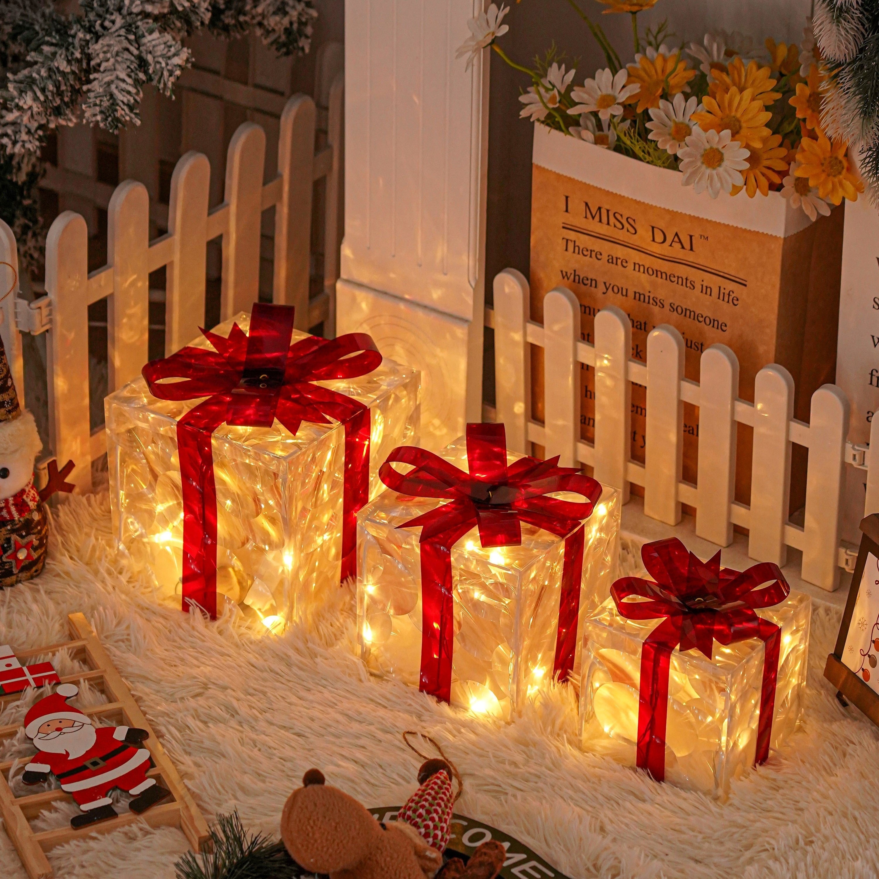Set of 3 Lighted Christmas Gift Boxes – Warm White LED Presents with Red Bows TARHUS