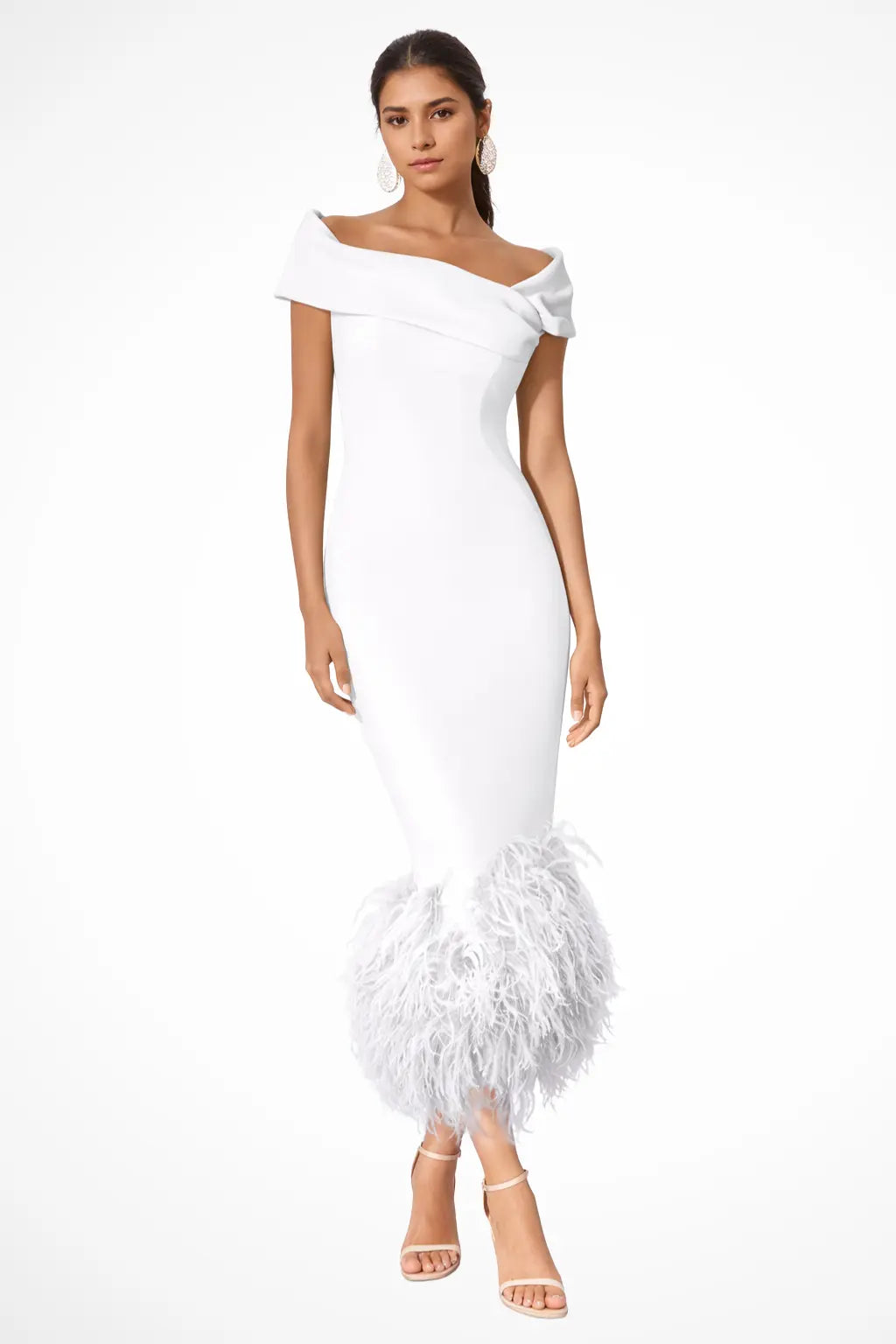 Verity | Women Off Shoulder Fitted Feather Hem Midi Wedding Guest Dress TARHUS  Mother of the Bride Dresses