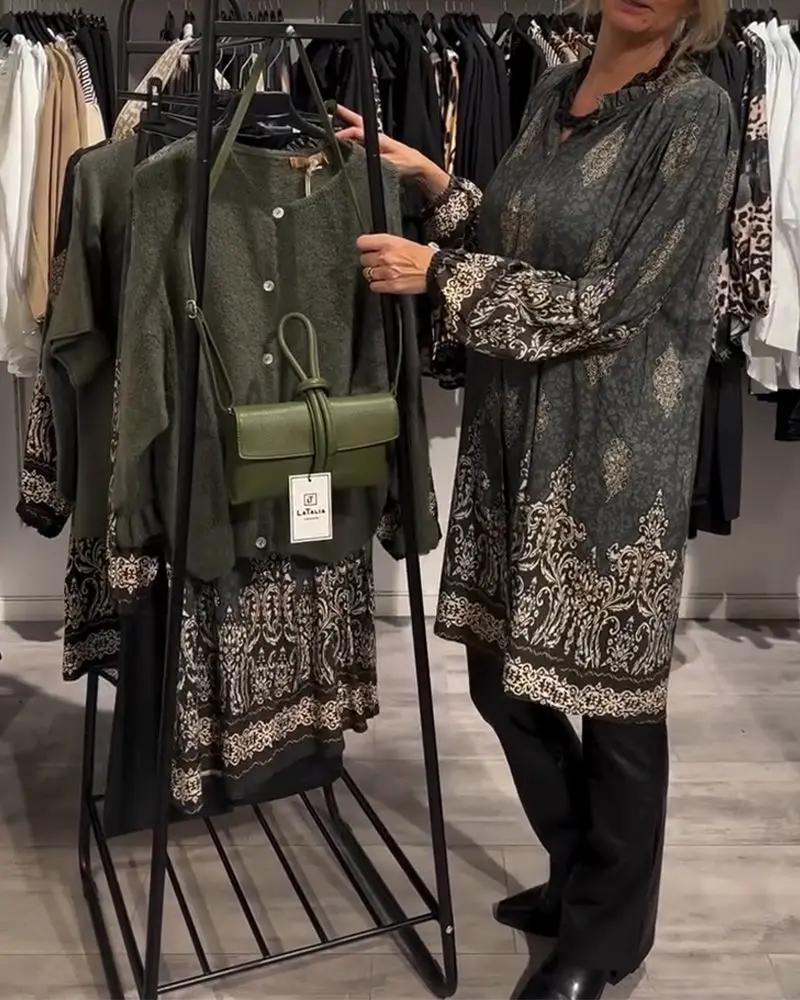 Vintage Print Shirt Dress – Long Lantern Sleeves, Lapel Collar & Button Front TARHUS  Dresses