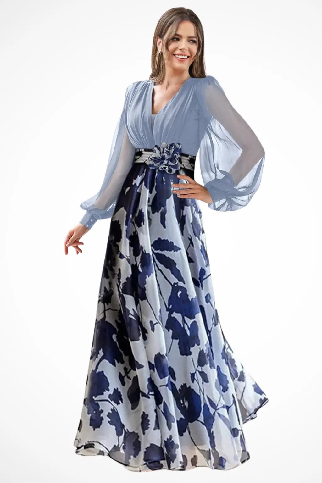 Valentina | Women V Neck Balloon Sleeve Floral Print Maxi Wedding Guest Dress TARHUS  Mother of the Bride Dresses