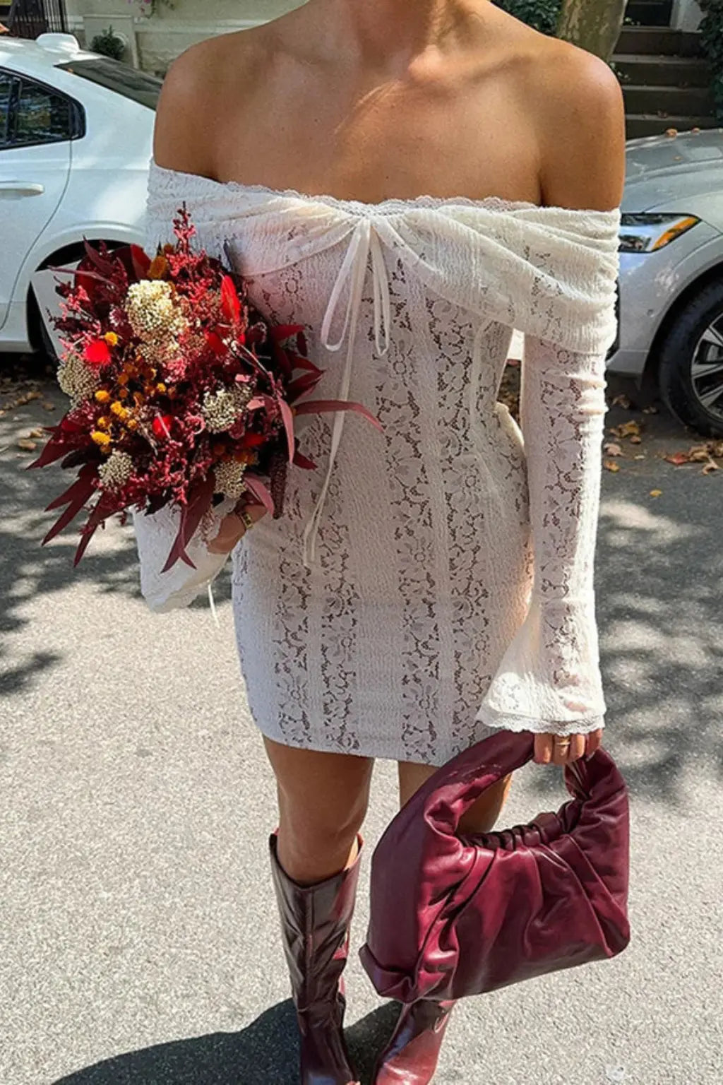 Eli | Women Off Shoulder Lace Long Sleeve Wedding Guest Mini Dress TARHUS  Mini Dresses
