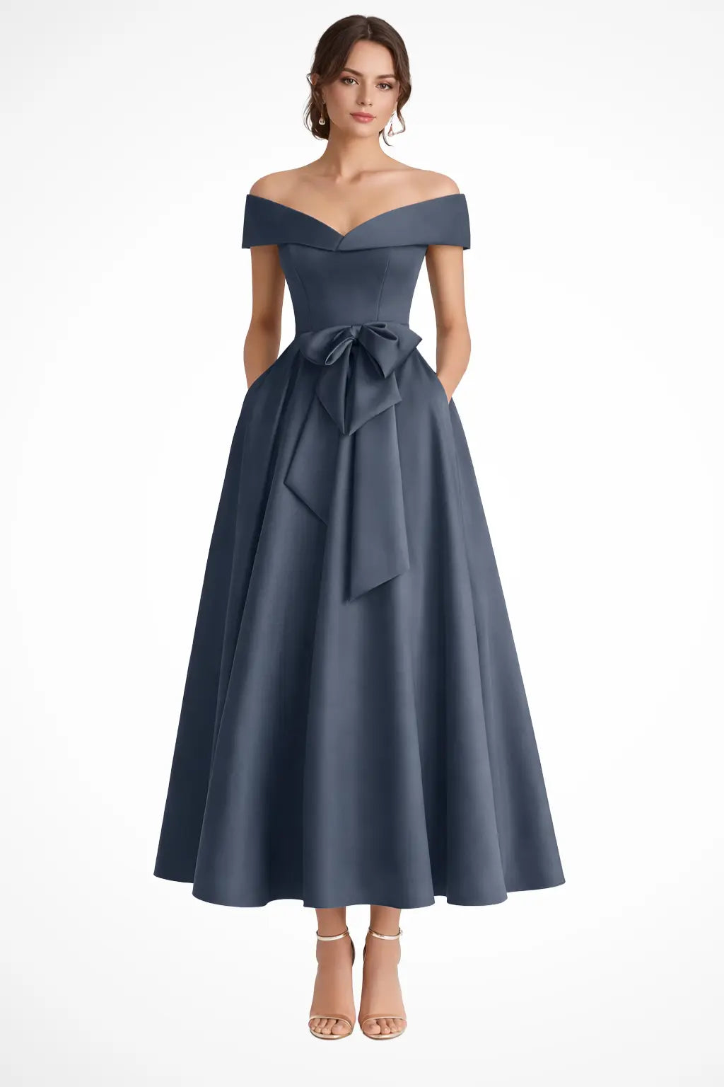 Arabella | Women Off Shoulder Bow Waist A Line Midi Wedding Guest Dress TARHUS  Mother of the Bride Dresses