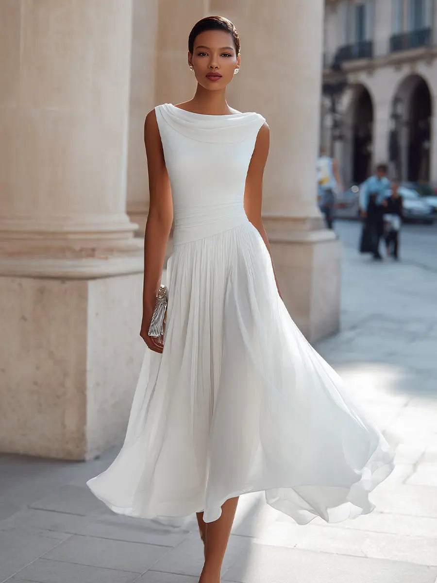 Draped Neck Sleeveless Pleated Midi Dress TARHUS  Sleeveless Maxi Dress