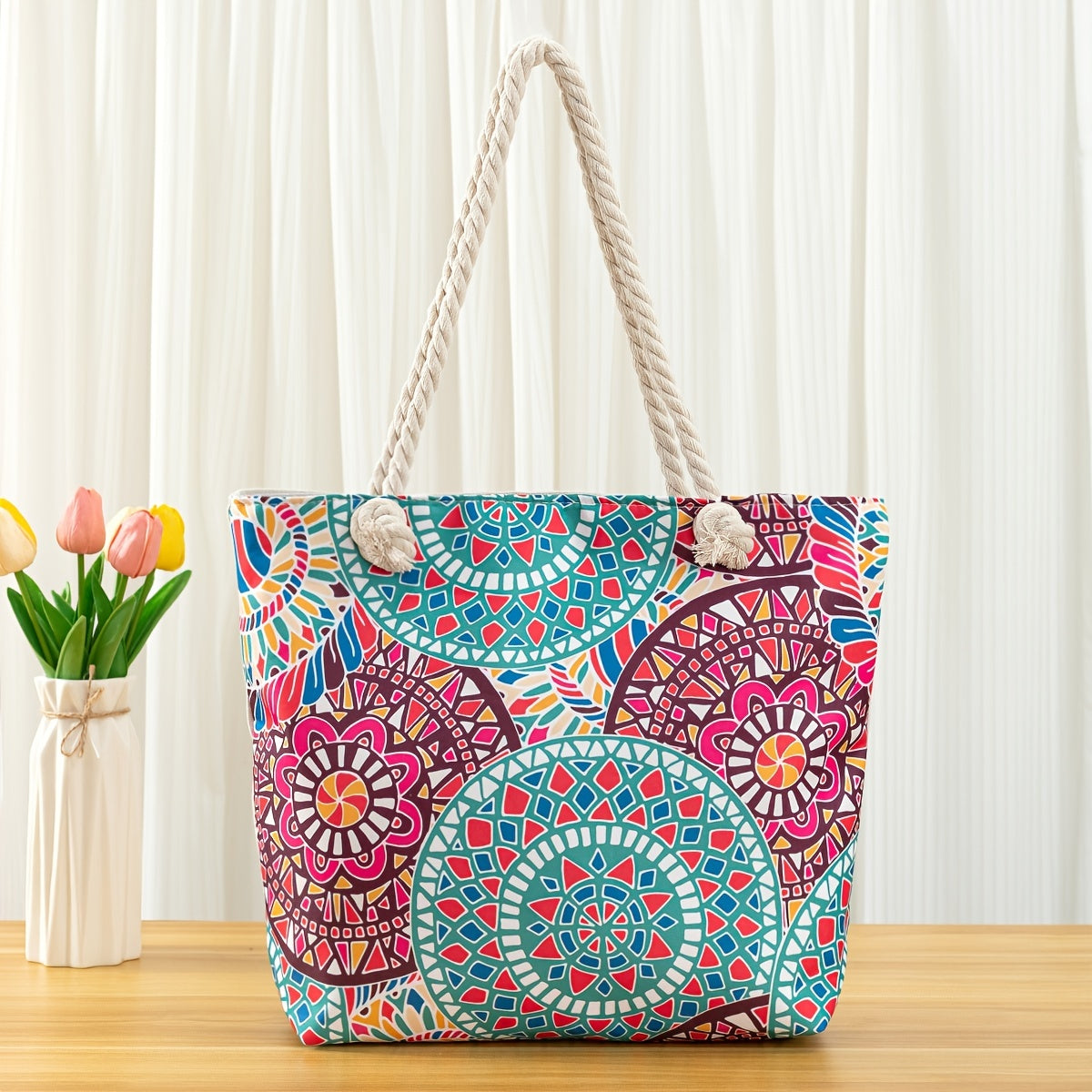 Stylish Blue Mandala Print Tote Bag for Women - Casual Shoulder Bag with Rope Handles, Vibrant Floral Patterns, Zip Closure, Perfect for Vacation Or Everyday Use, Vacation Tote Bag | Trendy Women'S Bag | Woven Texture, Novelty Purse TARHUS