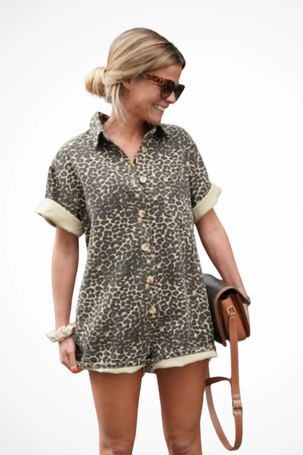 Zaria | Women’s Spring Cheeatah Print Mini Romper with Button Front TARHUS  Jumpsuits