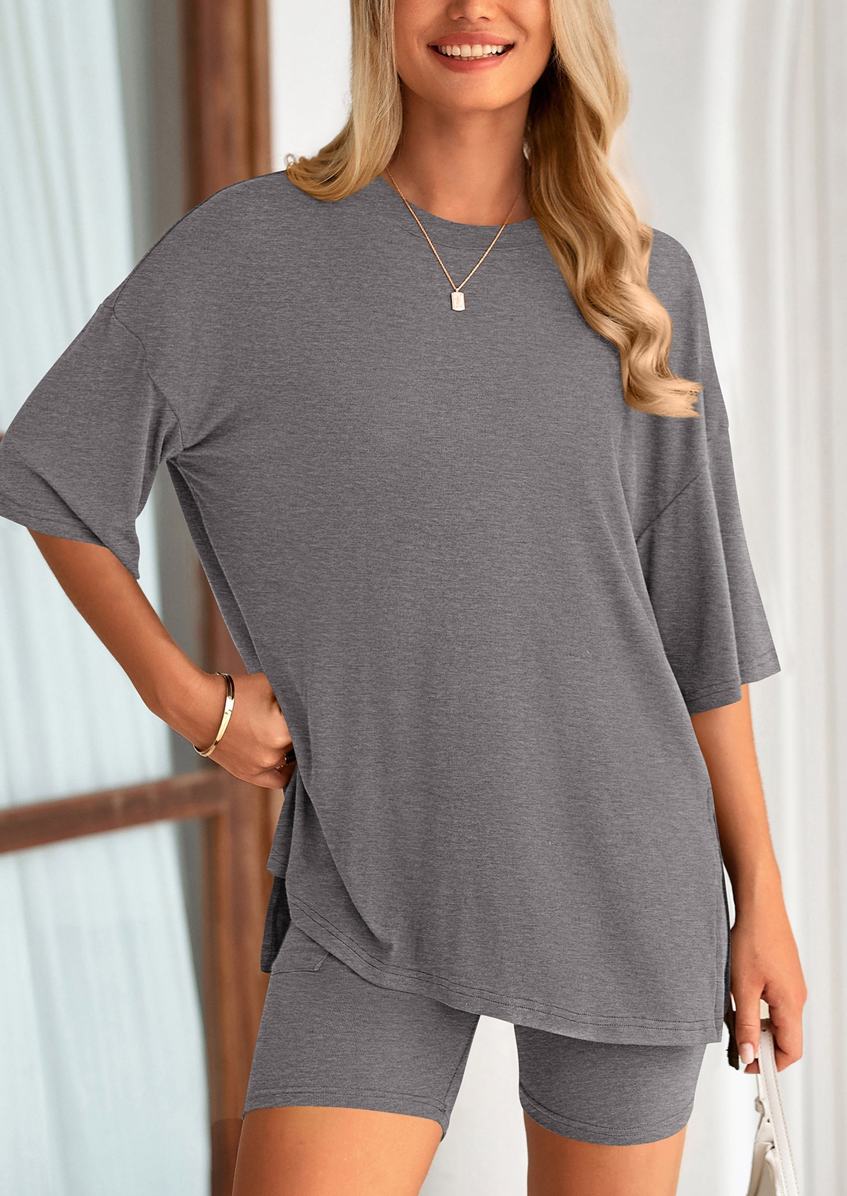 Casual Short Sleeved Round Neck Top Paired With Shorts Two-Piece Set - TARHUS