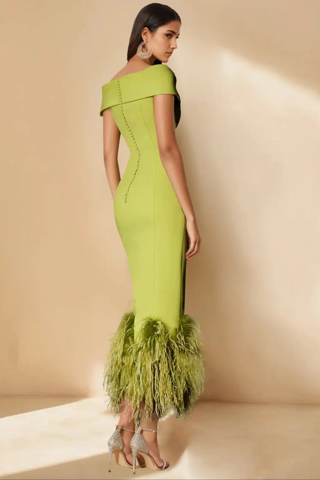 Verity | Women Off Shoulder Fitted Feather Hem Midi Wedding Guest Dress TARHUS  Mother of the Bride Dresses