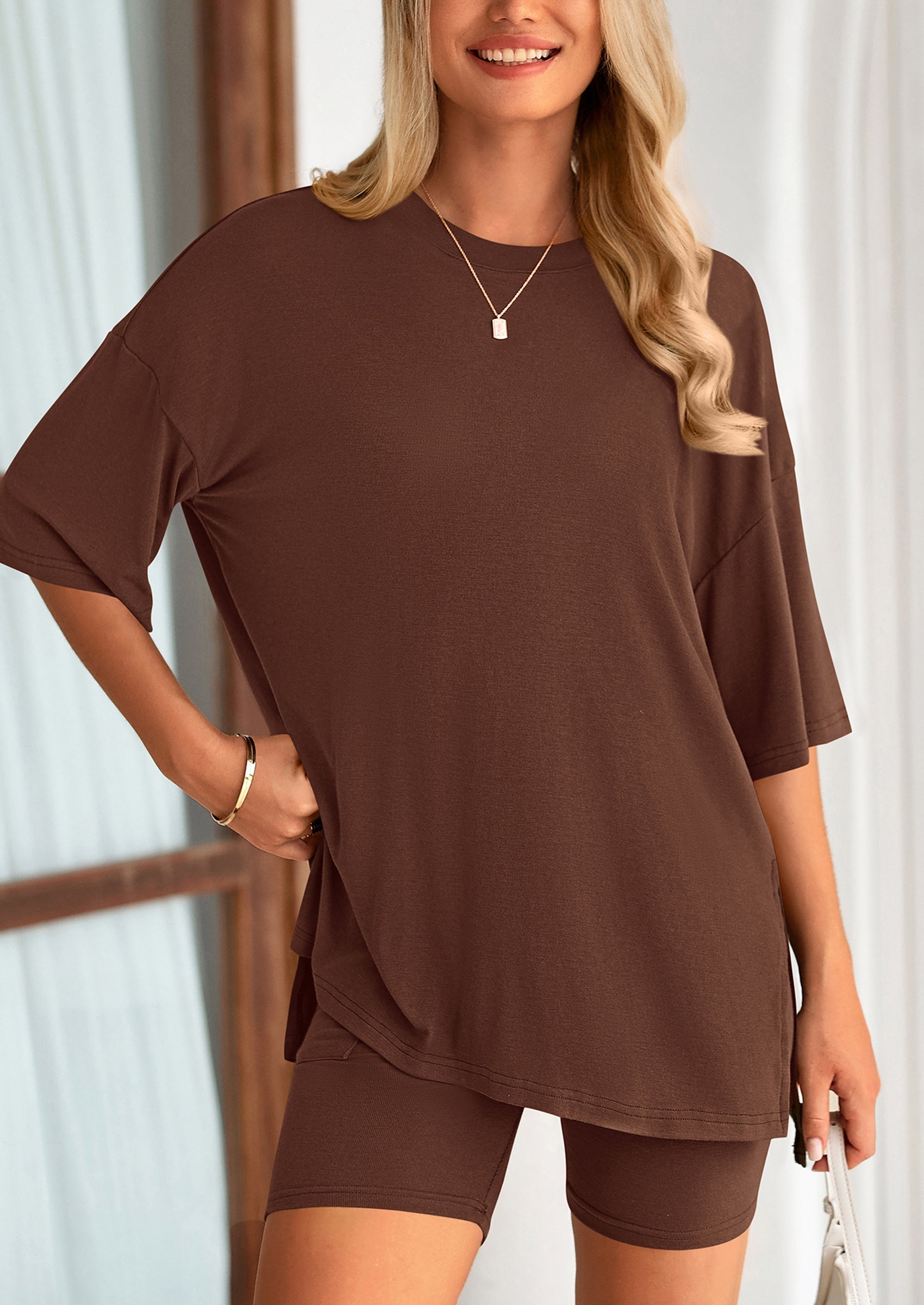 Casual Short Sleeved Round Neck Top Paired With Shorts Two-Piece Set - TARHUS